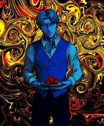 Rule 34 | 1boy, absurdres, blue theme, closed mouth, collared shirt, commentary, cowboy shot, english commentary, fear &amp; hunger (series), fear &amp; hunger 2: termina, henryk (fear &amp; hunger), highres, holding, holding plate, looking at viewer, male focus, plate, red eyes, rosengaldr, shirt, short hair, solo, standing, vest, yellow background