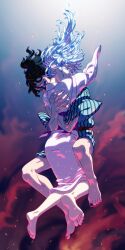 Rule 34 | 1boy, 1girl, barefoot, black nails, closed eyes, closed mouth, daki (kimetsu no yaiba), full body, green eyes, green hair, green kimono, gyuutarou (kimetsu no yaiba), highres, hug, ikoka no.2, japanese clothes, kimetsu no yaiba, kimono, long hair, nail polish, obi, pink kimono, sash, siblings, soles, toenail polish, toenails, toes, white hair