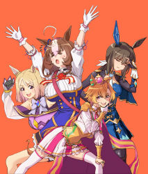 Rule 34 | &gt; &lt;, 4girls, absurdres, admire vega (umamusume), animal ear piercing, animal ears, arms up, bird, black gloves, blonde hair, blue dress, bob cut, breasts, brown hair, buttons, commentary request, crow, double-breasted, dress, ear covers, feet out of frame, frilled shirt, frills, gloves, group pose, hand on own knee, head tilt, highres, horse ears, horse girl, jacket, large breasts, leaning forward, long hair, low ponytail, medium hair, meisho doto (umamusume), miniskirt, multicolored hair, multiple girls, narita top road (umamusume), orange background, orange hair, parted bangs, parted hair, ponytail, see-through silhouette, sein sin, shirt, short hair, simple background, single ear cover, skirt, t.m. opera o (umamusume), thighhighs, two-tone hair, umamusume, white gloves, white hair, white jacket, white shirt, white skirt, white thighhighs