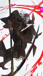 Rule 34 | 1boy, absurdres, black capelet, black robe, blood, boots, brown boots, capelet, commentary, elden ring, elden ring: shadow of the erdtree, english commentary, helmet, highres, holding, holding scythe, holding weapon, male focus, nslacka, robe, scythe, simple background, sir ansbach, solo, weapon, white hair