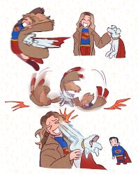 &gt;_&lt; 1girl :d absurdres biting cape dc_comics dc_universe_(franchise) dog dragging highres krypto_the_superdog mantiscorner multiple_views open_mouth red_cape skirt smile supergirl superhero_costume superman superman_(2025) superman_(series) superman_logo white_dog xd