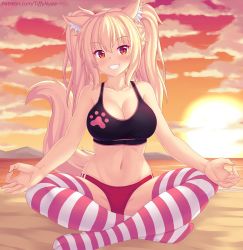 animal_ear_fluff animal_ears blonde_hair blush breasts buruma cat_ears cat_tail cleavage commentary english_commentary highres large_breasts long_hair lotus_position midriff navel nottytiffy original red_buruma red_eyes sitting slit_pupils smile solo sports_bra striped_clothes striped_thighhighs sunset tail thighhighs tiffy_(nottytiffy) twintails watermark web_address