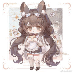 1girl absurdly_long_hair animal_ear_fluff animal_ears apron argyle_background asymmetrical_legwear bear bear_hair_ornament black_shorts blue_background blue_eyes border bow braid brown_bow brown_hair brown_shoes brown_socks chibi chinese_commentary commentary_request commission cross-laced_clothes cross-laced_legwear double_bun eyelashes food frilled_sleeves frills gradient_background grey_shirt hair_bow hair_bun hair_ornament hairclip holding holding_food holding_ice_cream holding_ice_cream_cone ice_cream ice_cream_cone kneehighs lace-trimmed_apron lace_trim light_blush loafers long_hair low_twintails multiple_hair_bows open_mouth orange_background original outside_border polka_dot polka_dot_bow rabbit_ears rabbit_girl rabbit_tail sample_watermark shirt shoes shorts single_braid single_kneehigh single_sock socks solo standing striped_apron striped_clothes tail tareme too_many_watermarks turtleneck turtleneck_shirt twintails vertical-striped_apron vertical-striped_clothes very_long_hair watermark weibo_watermark white_apron white_border white_bow xi_guapi zoom_layer