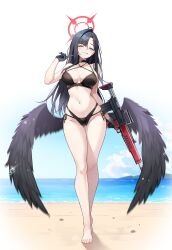Rule 34 | 1girl, ;), ;q, absurdres, assault rifle, bare legs, barefoot, beach, bikini, black bikini, black choker, black gloves, black hair, black wings, blue archive, breasts, bullpup, choker, commentary, em-2, feathered wings, full body, gloves, gluteal fold, groin, gun, halo, highres, holding, holding gun, holding weapon, ichika (blue archive), long hair, looking at viewer, mayoichi, medium breasts, navel, one eye closed, outdoors, revision, rifle, smile, solo, stomach, straight hair, swimsuit, thigh gap, toes, tongue, tongue out, very long hair, weapon, wings