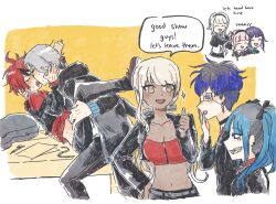 4boys 4girls ahoge alternate_costume amemiya_darumi aotsuki_eito black_hair black_jacket black_pants blonde_hair blue_eyes blue_hair blush border breasts brown_eyes cleavage closed_eyes collar dark-skinned_female dark_skin french_kiss grey_hair highres jacket kawana_tsubasa kirifuji_nozomi kiss long_hair messy_hair multicolored_hair multiple_boys multiple_girls official_alternate_costume omokage_yugamu open_mouth pants pink_eyes pink_hair purple_hair red_hair sumino_takumi the_hundred_line_-last_defense_academy- tsukumo_ima tsukumo_kako white_border white_hair yaoi yellow_background