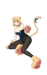 Rule 34 | 1girl, animal ear fluff, animal ears, animal hands, arcueid brunestud, bell, blonde hair, blue ribbon, breasts, cat ears, cat girl, cat tail, cleavage, gloves, highres, leotard, looking at viewer, medium breasts, neck bell, pantyhose, paw gloves, paw pose, paw shoes, playboy bunny, red eyes, ribbon, short hair, simple background, smile, solo, tail, tail ornament, tail ribbon, tsukihime, user fwrr5485