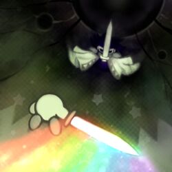 armor battle cape dark_matter_(kirby) dark_matter_blade holding holding_sword holding_weapon kirby kirby&#039;s_dream_land_2 kirby_(series) nintendo no_humans pauldrons rainbow rainbow_sword_(kirby) shoulder_armor star_(symbol) suta_(clusta) sword weapon
