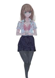 Rule 34 | 1girl, ari 87, bra, breasts, brown hair, green eyes, gridman universe, gridman universe (movie), highres, long hair, minami yume, pink bra, school uniform, see-through clothes, shirt, short hair, simple background, skirt, solo, ssss.dynazenon, thighhighs, unbuttoned, unbuttoned shirt, underwear, wet, wet clothes, wet shirt, wet skirt, white background
