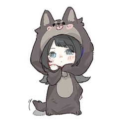 1girl bang_dream! bang_dream!_it&#039;s_mygo!!!!! black_hair blue_eyes chibi chibi_only closed_mouth hood hood_up long_sleeves medium_hair simple_background solo tail tail_wagging waeoo white_background wolf_hood yahata_umiri