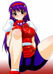 1girl asamiya_athena bike_shorts breasts cameltoe clothes_lift cum cum_on_body cum_on_breasts cum_on_upper_body dress earrings ebimayo female_focus grabbing_own_breast hairband hamaiya jewelry jiggle large_breasts legs_up long_hair looking_at_viewer nipples pale_skin pants purple_eyes purple_hair pussy shiny_clothes shiny_skin shoes shrimp-mayo sitting skirt skirt_lift star_(symbol) the_king_of_fighters thighs tight_clothes tight_pants upskirt
