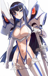 1girl absurdres black_hair blue_eyes breasts cleavage cleavage_cutout clenched_hand clothing_cutout commentary contrapposto english_commentary frown gloves highres junketsu kill_la_kill kiryuuin_satsuki large_breasts long_hair navel revealing_clothes sheath sheathed solo suspenders sword very_long_hair weapon white_gloves yun-yang