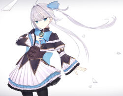 1girl ahoge back_bow black_capelet black_pantyhose blue_bow blue_brooch blue_eyes bow brooch brown_corset buttons capelet closed_mouth commentary_request corset cowboy_shot detached_sleeves dress_shirt fingernails floating_hair frilled_capelet frilled_shirt_collar frilled_sleeves frills glint grey_hair hair_bow hair_intakes hand_on_own_chest high_collar highres jewelry layered_sleeves long_hair long_sleeves medium_skirt original pantyhose petticoat pleated_skirt riuichi shirt simple_background skirt sleeves_past_wrists smile solo standing twintails white_background white_shirt white_skirt wind
