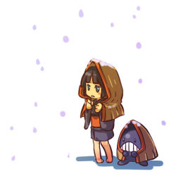 00s 1girl barefoot black_hair blue_eyes blunt_bangs blush_stickers covering_head creature_and_personification gen_3_pokemon hitec japanese_clothes kimono moemon nintendo open_mouth personification pokemon pokemon_(creature) pokemon_rse snorunt snow snowing teeth