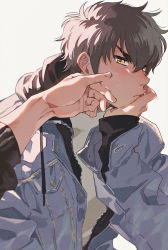 2boys ace_of_diamond blush brown_eyes brown_hair closed_mouth elbow_rest hand_on_another&#039;s_face hand_on_own_chin head_rest highres hood hood_down hooded_jacket jacket male_focus miyuki_kazuya multiple_boys open_clothes open_jacket sato_(sato_1_11) sawamura_eijun shirt short_hair solo_focus upper_body white_shirt yaoi