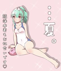 1girl breasts collarbone covered_navel drill_hair drill_sidelocks full_body galaxy_angel green_hair hair_ornament highres long_hair looking_at_viewer medium_breasts medium_hair new_yorker_(togawa_hamasaki) normad on_floor one-piece_swimsuit ponytail red_eyes sidelocks solo swimsuit translation_request vanilla_h