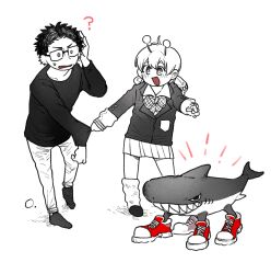 1boy 1girl ? adjusting_eyewear ai-generated_art_(topic) antennae black_hair blush dandadan earrings glasses grabbing_another&#039;s_arm highres italian_brainrot_ai_animals_(meme) jewelry kami_high_school_uniform long_sleeves meme pointing pointing_at_another school_uniform shark shoes short_hair simple_background skirt sneakers spot_color tamatan97 tralalero_tralala unji_zuma vamola_(dandadan) white_background
