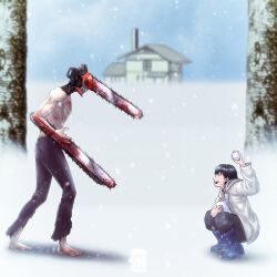 2boys black_hair black_pants blood blue_footwear boots building chainsaw chainsaw_man denji_(chainsaw_man) gabdlc hayakawa_aki highres house jacket male_focus multiple_boys pants sharp_teeth short_hair snow snowball snowing squatting teeth topless_male tree white_jacket