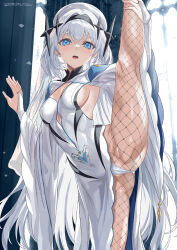 Rule 34 | 1girl, arm support, artist name, ass, backless dress, backless outfit, beret, black hairband, blue eyes, breasts, bridal gauntlets, cameltoe, cleavage cutout, clothing cutout, copyright name, covered erect nipples, double-parted bangs, dress, fishnet pantyhose, fishnets, groin, hair intakes, hair ornament, hairband, hand on own leg, hat, indoors, leaning on object, long hair, luna (wai no hontou no shokugyou ga seikishi), mutsumi masato, official art, panties, pantyhose, parted lips, partially visible vulva, pubic tattoo, sideboob, small breasts, solo, split, spread legs, standing, standing on one leg, standing split, star (symbol), star hair ornament, tattoo, third-party source, underwear, very long hair, wai no hontou no shokugyou ga seikishi toka ienai, white hair, white panties, wide sleeves, wide spread legs