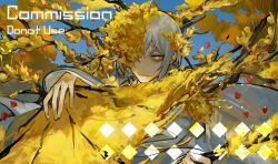 1girl branch closed_mouth coat commentary commission dongbaek_(project_moon) e.g.o_(project_moon) flower grey_coat grey_hair highres holding holding_branch limbus_company looking_at_viewer nishikujic project_moon short_hair sidelocks solo spicebush_(e.g.o) yellow_eyes yellow_flower