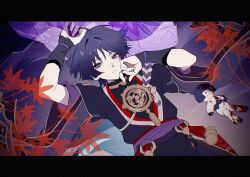 1boy armor arms_up black_kimono black_sleeves blood_on_toy curled_fingers dutch_angle eyeliner eyeshadow fingernails floral_print_veil furisode genshin_impact gold gold_trim hair_intakes han&#039;eri hand_on_own_face highres japanese_armor japanese_clothes jewelry kimono kote kurokote layered_kimono layered_sleeves leaf looking_at_viewer lying makeup male_focus maple_leaf mitsudomoe_(shape) neck_ring o-ring on_back open_clothes open_kimono parted_lips purple_eyes purple_hair purple_rope purple_sash purple_sleeves purple_veil red_eyeliner red_eyeshadow red_kimono red_sash rope sash scaramouche_(genshin_impact) see-through_clothes see-through_veil shimenawa short_sleeves solo tassel tomoe_(symbol) tsurime veil w02_14 white_kimono white_mouth white_rope wispy_bangs