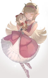 Rule 34 | 1girl, absurdres, ahoge, azbar (dragon quest), banno watari, black choker, black horns, blonde hair, blunt bangs, blunt ends, bow, bow choker, character doll, choker, collarbone, colored skin, commentary request, demon girl, doll, dragon quest, dragon quest x, dress, dress bow, flats, frilled dress, frilled wrist cuffs, frills, frown, full body, hairband, hand on own hip, highres, holding, holding doll, horns, long hair, looking to the side, pink bow, pink dress, pink skin, pointy ears, pout, purple hairband, rinverry, solo, striped clothes, striped thighhighs, thighhighs, white background, white trim, wrist cuffs, yellow eyes