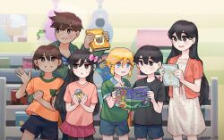 Rule 34 | 2girls, 4boys, aged down, alternate costume, aubrey (faraway) (omori), aubrey (omori), basil (faraway) (omori), basil (omori), black eyes, black hair, black pantyhose, black shirt, black shorts, blonde hair, blue eyes, book, bookshelf, bow, bright pupils, brother and sister, brothers, brown eyes, brown hair, captain spaceboy, collarbone, collared shirt, double-parted bangs, gashapon, gokun, green jacket, green shirt, hair bow, hero (faraway) (omori), hero (omori), highres, holding, holding book, hood, hood down, hooded jacket, indoors, jacket, kel (faraway) (omori), kel (omori), long hair, looking at another, looking at viewer, lower teeth only, mari (faraway) (omori), mari (omori), multiple boys, multiple girls, omori, open mouth, orange shirt, pantyhose, pink bow, pink shirt, red skirt, shirt, shorts, siblings, skirt, striped clothes, striped shirt, sunny (omori), sweatdrop, t-shirt, teeth, tongue, twitter username, upper teeth only, white pupils