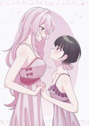 2girls absurdres asakage black_hair breasts closed_mouth commentary_request dress from_side gradient_hair grey_eyes highres holding_hands interlocked_fingers large_breasts long_hair looking_at_another medium_breasts multicolored_hair multiple_girls open_mouth original pink_dress pink_hair profile red_eyes sleeveless sleeveless_dress smile wolf_cut yuri