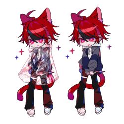 Rule 34 | 1boy, :3, ahoge, animal ears, black hair, black pants, blood, blood on clothes, bloody weapon, blue jacket, cat boy, cat ears, cat tail, closed mouth, colored eyelashes, commentary, deformed, drawstring, grey jacket, holding, holding knife, hood, hood down, hoodie, jacket, jacket over hoodie, kemonomimi mode, knife, long sleeves, male focus, multicolored hair, multicolored jacket, nyab oo, open clothes, open jacket, open mouth, pants, raincoat, red eyes, red hair, see-through clothes, see-through raincoat, shoes, short hair, simple background, smile, sparkle, spoilers, streaked hair, sumino takumi, symbol-only commentary, tail, the hundred line -last defense academy-, thigh strap, tsurime, two-tone hair, two-tone jacket, weapon, white background, white hoodie, white shoes