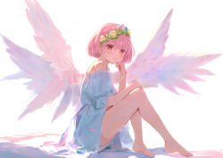 Rule 34 | 1girl, angel wings, blush, breasts, dress, flower, hair flower, hair ornament, highres, ibushi roun, kami nomi zo shiru sekai, looking at viewer, nakagawa kanon, pink eyes, pink hair, short hair, simple background, sitting, smile, solo, white dress, wings
