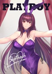 1girl animal_ears blush breasts character_signature cleavage closed_mouth commentary_request detached_collar fake_animal_ears fate/grand_order fate_(series) fishnet_pantyhose fishnets hair_between_eyes highleg highleg_leotard highres large_breasts leotard long_hair looking_at_viewer odachu official_alternate_costume outstretched_arms pantyhose parody playboy playboy_bunny purple_hair purple_leotard rabbit_ears red_eyes scathach_(fate) scathach_(piercing_bunny)_(fate) thighs wrist_cuffs
