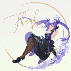 Rule 34 | 1girl, bare shoulders, black dress, black gloves, black shoes, bow, breasts, brown pantyhose, cleavage, commentary, cone hair bun, dress, dress bow, english commentary, genshin impact, gloves, hair bun, high heels, highres, ian olympia, keqing (genshin impact), long hair, looking at viewer, pantyhose, purple bow, purple eyes, purple hair, shoes, solo, thank you, twintails, very long hair