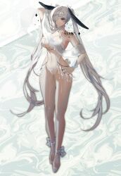1girl alternate_costume animal_ears bare_shoulders blue_eyes blue_nails breasts cinderella_(nikke) cleavage covered_navel fake_animal_ears fake_tail full_body goddess_of_victory:_nikke hair_over_one_eye high_heels highres large_breasts leotard long_hair looking_at_viewer navel playboy_bunny rabbit_ears rabbit_tail see-through_clothes see-through_leotard solo tail twintails twitter_username very_long_hair white_background white_hair wogen769 wrist_cuffs