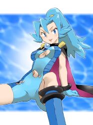 Rule 34 | 1girl, blue bodysuit, blue boots, blue eyes, blue gloves, blue hair, bodysuit, boots, breasts, cape, clair (pokemon), gloves, looking at viewer, nintendo, onnaski, pokemon, pokemon hgss, ponytail, sitting, torn bodysuit, torn clothes