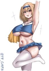 Rule 34 | 1girl, absurdres, alternate costume, arm up, armpits, blue skirt, breasts, brown eyes, cheering, cheerleader, hairband, highres, holding, holding pom poms, i-26 (kancolle), kantai collection, large breasts, light brown hair, long hair, microskirt, navel, pleated skirt, pom pom (cheerleading), pom poms, skirt, solo, standing, standing on one leg, tf cafe, thighhighs, two-tone hairband, two side up, underboob, white thighhighs