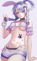 10_plus 1girl animal_ears arm_support armband black_collar black_panties blue_nails blush bow bra braid breasts cassiopeia_(vtuber) collar commission cowboy_shot ear_piercing earrings extra_ears facial_tattoo frilled_armband frilled_bra frills gradient_hair hair_bow hair_intakes hair_ornament hairclip hand_up heart heart_tattoo highres holding holding_own_hair indie_virtual_youtuber jewelry looking_at_viewer low_twin_braids medium_breasts multicolored_hair nail_polish panties piercing pink_hair pink_nails purple_armband purple_bra purple_eyes purple_hair rabbit_ears scrunchie short_shorts shorts simple_background skeb_commission solo star_(symbol) star_earrings star_tattoo stomach_tattoo string_panties tattoo twin_braids twitter_username underboob underwear virtual_youtuber wrist_scrunchie