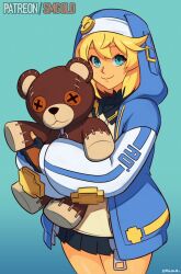 1boy androgyne_symbol artist_name black_gloves black_skirt blonde_hair blue_eyes bridget_(guilty_gear) closed_mouth fingerless_gloves gloves gradient_background guilty_gear guilty_gear_strive highres hood hood_up hooded_jacket hugging_object jacket looking_at_viewer open_clothes open_jacket patreon_username pleated_skirt roger_(guilty_gear) skirt smgold smile stuffed_animal stuffed_toy teddy_bear trap