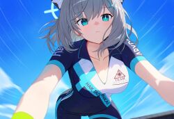 1girl animal_ear_fluff animal_ears bicycle blue_archive blue_eyes blue_halo blue_sky breasts cleavage closed_mouth cloud collarbone cross_hair_ornament day grey_hair hair_ornament halo highres melreon mismatched_pupils official_alternate_costume outdoors riding riding_bicycle shiroko_(blue_archive) shiroko_(cycling)_(blue_archive) sky