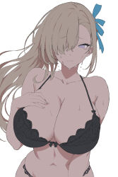 1girl absurdres asuna_(blue_archive) bare_arms bare_shoulders black_bra black_panties blonde_hair blue_archive blue_eyes blue_ribbon bow bow_bra bra breasts cleavage crying crying_with_eyes_open fingernails hair_over_one_eye hair_ribbon hand_on_own_chest highres huge_breasts long_hair looking_at_viewer navel panties ribbon solo stomach syyr0502 tears underwear underwear_only