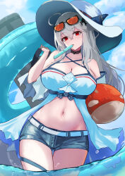 1girl absurdres arknights bag bare_shoulders belt black_choker blue_shorts blue_sky breasts choker cleavage cloud collarbone cowboy_shot crossed_bangs day denim denim_shorts eyewear_on_head food_in_mouth grey_hair groin hair_between_eyes hat highres hiun64 holding holding_bag inflatable_orca inflatable_toy innertube large_breasts long_hair looking_at_viewer midriff mouth_hold navel off-shoulder_shirt off_shoulder official_alternate_costume orange-tinted_eyewear orca_hair_ornament outdoors partially_underwater_shot red_eyes shirt short_shorts shorts sidelocks skadi_(arknights) skadi_(waverider)_(arknights) skindentation sky solo standing sun_hat sunglasses swim_ring swimsuit thigh_strap tinted_eyewear underbust very_long_hair wading water white_belt white_shirt