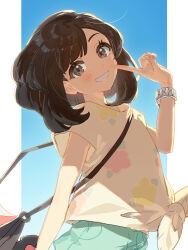 1girl absurdres bag black_bag black_hair blue_background fua1heyvot4ifsr gradient_background green_shorts highres looking_at_viewer loose_hair_strand medium_hair nintendo outside_border pillarboxed pokemon pokemon_sm selene_(pokemon) shirt shorts shoulder_bag smile solo white_shirt