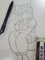 1girl ainu_clothes breasts crossed_arms hair_ribbon highres legs long_hair looking_at_viewer medium_breasts monochrome nakoruru pants ribbon samurai_spirits sitting sketch smile snk solo the_king_of_fighters thighs traditional_media