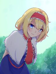 Rule 34 | 1girl, :3, alice margatroid, arms behind back, blonde hair, blue dress, blue eyes, blush, capelet, closed mouth, commentary request, cookie (touhou), cowboy shot, day, dress, frilled hairband, frilled necktie, frills, green sky, hairband, highres, ichigo (cookie), lens flare, long hair, looking at viewer, nanariku, necktie, outdoors, red hairband, red necktie, red sash, sash, short hair, sky, smile, solo, touhou, white capelet