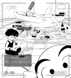 Rule 34 | 1girl, 2boys, bald, bald male, black eyes, black hair, bulma, camera, dragon ball, english text, kuririn, multiple boys, reading, recording, sleeping, son gohan, speech bubble, studying, trash, underwear