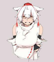 1girl animal_ears arm_under_breasts black_bridal_gauntlets breasts bridal_gauntlets clenched_teeth commentary_request detached_sleeves grey_background hat highres inubashiri_momiji large_breasts looking_at_viewer min.k orange_eyes pom_pom_(clothes) red_hat ribbon-trimmed_sleeves ribbon_trim shaded_face shirt short_hair simple_background sleeveless sleeveless_shirt solo teeth tokin_hat touhou turtleneck turtleneck_shirt upper_body white_hair white_shirt white_sleeves wince wolf_ears wolf_girl