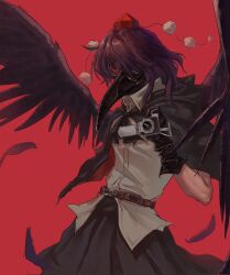 1girl 320tbsyc belt belt_buckle bird_wings black_gloves black_skirt black_wings breasts brown_belt buckle camera collared_shirt cowboy_shot crow_mask feathered_wings gloves hat highres holding holding_camera medium_hair pom_pom_(clothes) purple_hair red_background red_hat shameimaru_aya shirt simple_background skirt small_breasts solo tokin_hat touhou white_shirt wings