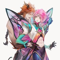 Rule 34 | 2boys, abs, bishounen, black gloves, black hair, black nails, braid, braided ponytail, chest jewel, crop top, dudududu (hhdgccnm), earrings, ezreal, faerie court ezreal, fairy, fairy wings, gem, gloves, glowing, glowing eyes, grabbing another&#039;s wing, gradient hair, green eyes, hand on another&#039;s wing, highres, jewelry, kayn (league of legends), league of legends, long hair, looking at another, looking back, midriff, multicolored hair, multiple boys, muscular, muscular male, nail polish, nightbringer kayn, orange eyes, orange hair, pink gemstone, pink hair, pointy ears, single glove, toned, toned male, white background, wings, yaoi