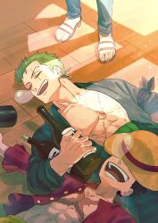 1girl 2boys abs birthday black_hair blue_pants bottle closed_eyes commentary_request denim earrings feet green_hair hat highres holding holding_bottle jeans jewelry komucom03 lying monkey_d._luffy multiple_boys multiple_earrings muscular muscular_male nami_(one_piece) nose_bubble on_back one_piece open_clothes open_mouth open_shirt out_of_frame pants pectorals red_shirt roronoa_zoro sandals scar scar_across_eye scar_on_chest scar_on_face shirt short_hair sleeping straw_hat straw_hat_pirates toes upper_body