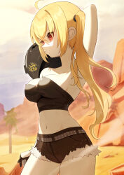 1girl absurdres ahoge arm_behind_head armpits bandeau black_bandeau black_shorts blonde_hair blue_sky blush breasts closed_mouth commentary_request cowboy_shot day desert expressionless fur-trimmed_shorts fur_trim highres long_hair looking_afar luciana_de_montefio medium_breasts midriff navel oeyama orange_eyes outdoors palm_tree shorts side_ponytail sky solo tree zenless_zone_zero