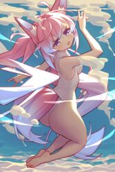1girl ahoge animal_ears arm_up ass bad_source bare_legs bare_shoulders barefoot blue_sky blush breasts cloud cloudy_sky day fox_ears fox_girl fox_shadow_puppet fox_tail from_behind full_body gradient_hair hair_between_eyes highres indie_virtual_youtuber long_bangs long_hair looking_at_viewer multicolored_hair official_art one-piece_swimsuit open_mouth outdoors pink_hair purple_eyes sidelocks sky solo swimsuit tail teletha_(vtuber) very_long_hair virtual_youtuber white_one-piece_swimsuit