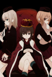 Rule 34 | 10s, 3girls, ankle boots, black footwear, black hat, black jacket, black legwear, boko (girls und panzer), boots, brown eyes, brown hair, clipboard, closed mouth, crossed legs, crown, dress shirt, from side, fud, garrison cap, girls und panzer, hands on own knees, hat, highres, holding, itsumi erika, jacket, kuromorimine military uniform, long hair, long sleeves, looking at viewer, military, military hat, military uniform, miniskirt, multiple girls, nishizumi maho, nishizumi miho, pleated skirt, red shirt, red skirt, robe, shirt, short hair, siblings, sisters, sitting, skirt, socks, standing, stuffed animal, stuffed toy, teddy bear, throne